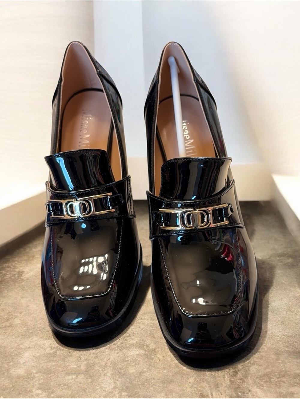 A223 MISAEMILA Platform Loafers Patent Chunky Block Heel Pumps - Picture 2 of 5